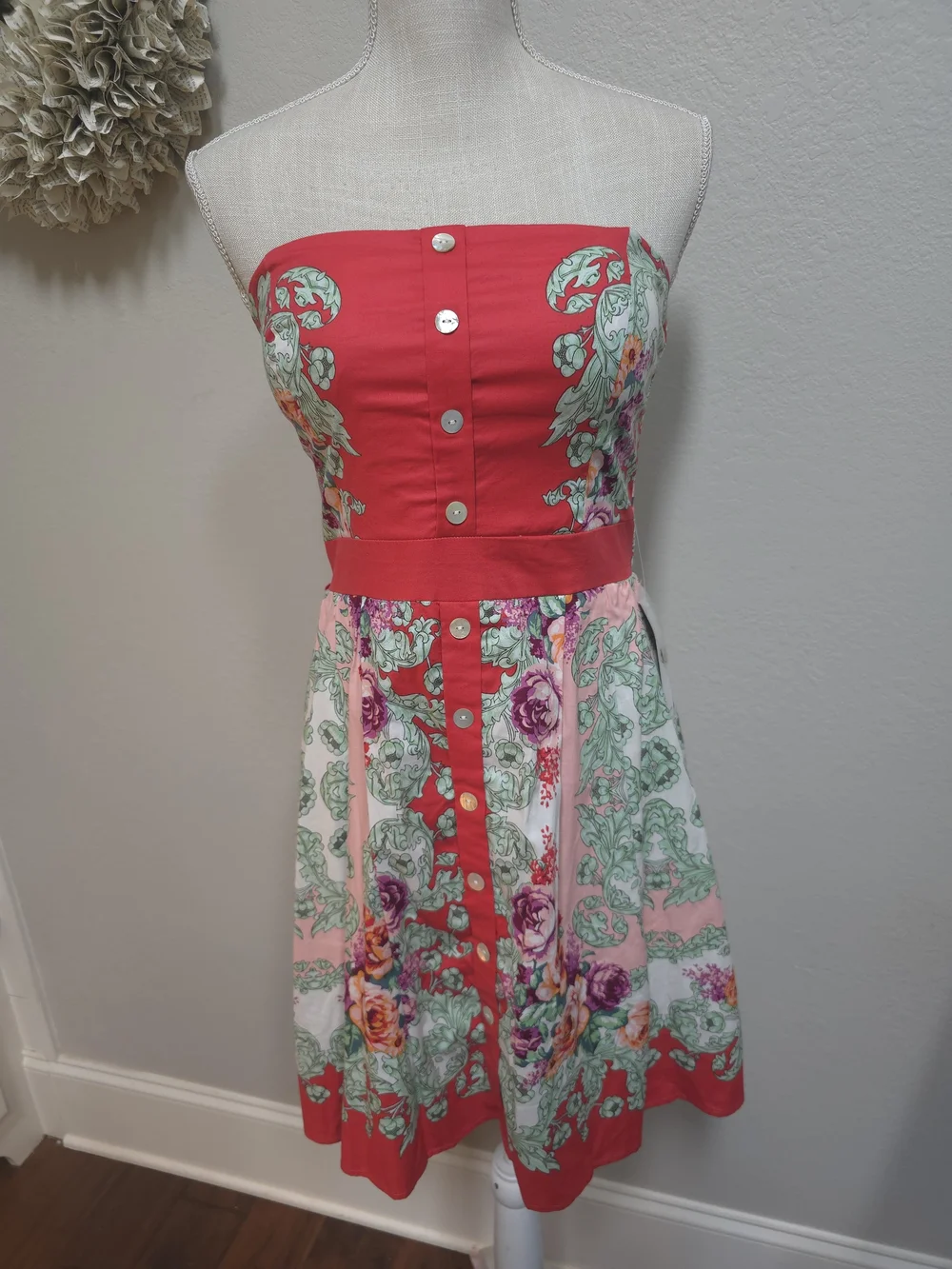 Teeze Me Strapless Red and Pink Floral Button-Front Dress - Picture 1 of 3